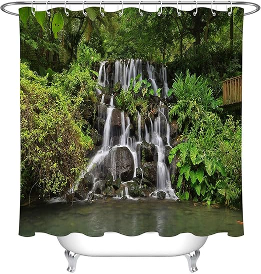 ajhgfjgdhkmdg Sommer-grünes Gebirgswasserfall-Duschvorhang Badezimmer