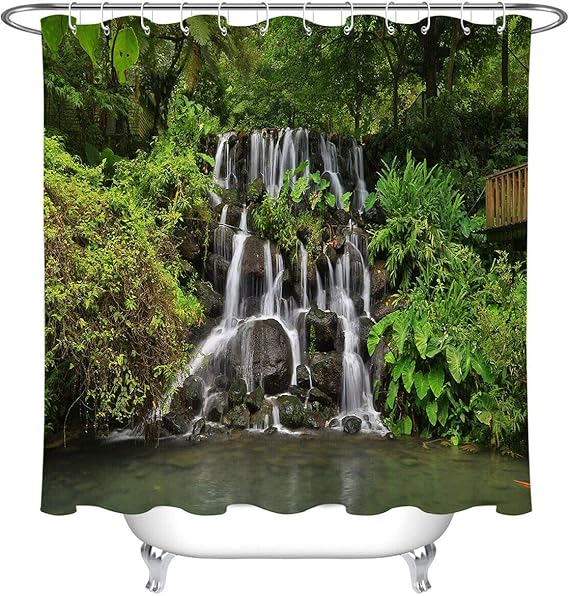 ajhgfjgdhkmdg Sommer-grünes Gebirgswasserfall-Duschvorhang Badezimmer