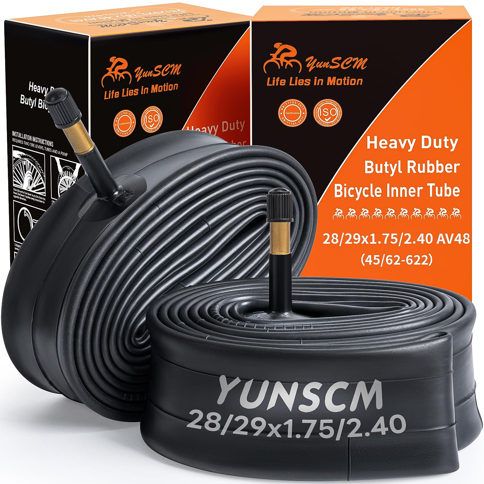 Photo 1 of YUNSCM 29" Bike Tubes 29x1.75/2.4 28x1.75/2.4 (45/62-622) Heavy Duty Bike Tubes AV48mm Schrader Valve Compatible with 28/29x1.75/1.95/2.0/2.1/2.125/2.25/2.3/2.40 Bike Bicycle Tire Tubes-2 PCS
