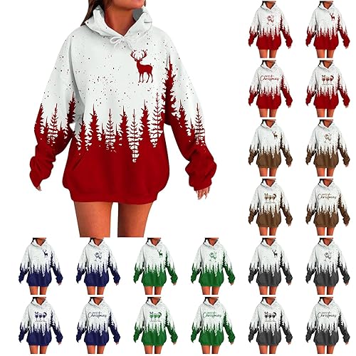 DUHGBNE plus size ladies christmas jumper Christmas Costume for Women Uk Oversized Xmas Theme Hoodies Fashion Reindeer Long Sleeve Drawstring Hooded adult humour jumper