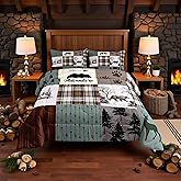 Rustic Farmhouse Kids Comforter Set Twin Size,Deer Antlers Bear Animal Paws Plaids Patchwork Bedding Set for Boys Girls Room Decor,Pine Trees Arrows Down Comforter,Xmas Duvet Insert,1 Pillowcase