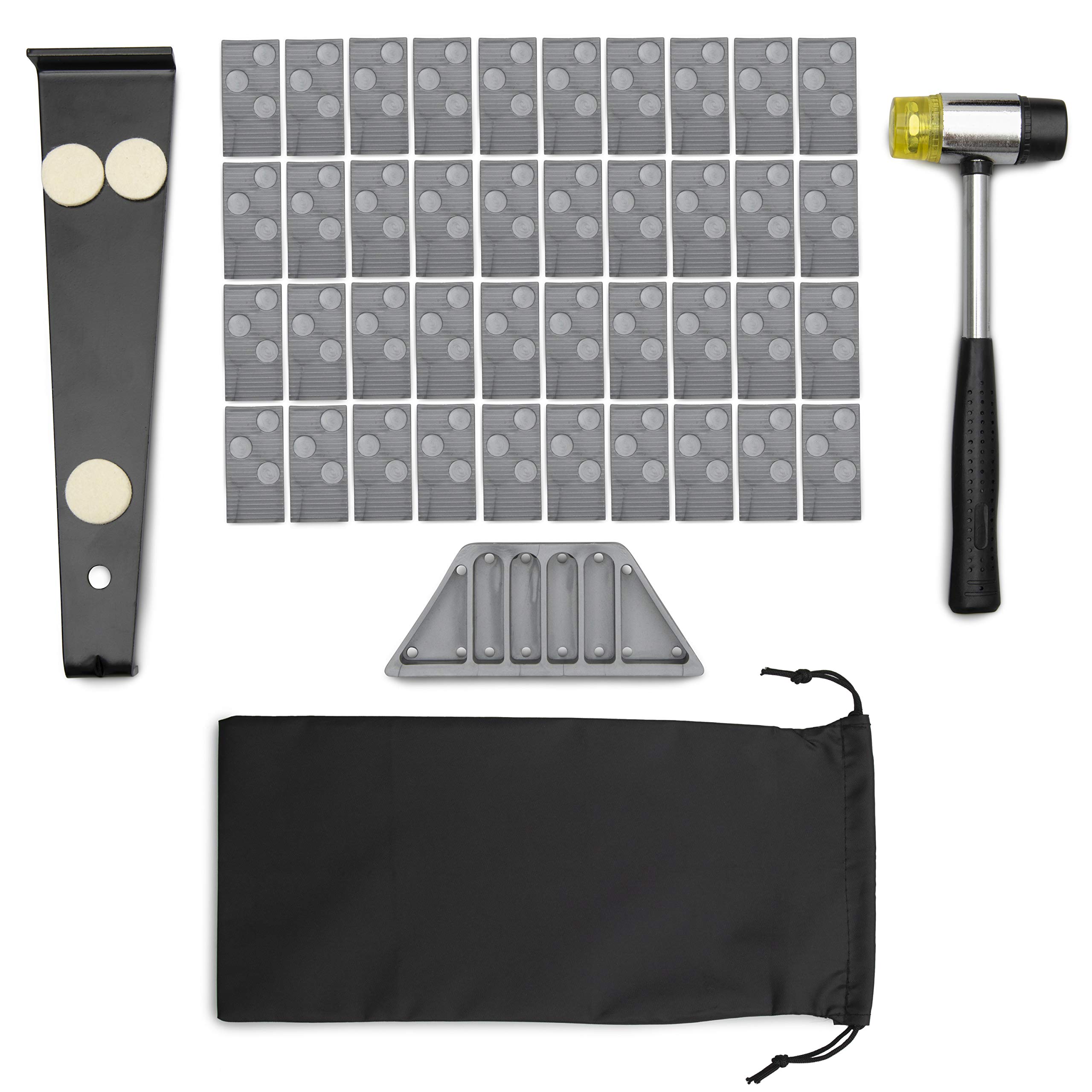 ideacoup Laminate Wood Flooring Installation Kit with Reinforced Double Faced Mallet, Heavy Duty Pull Bar, Tapping Block and 40 Grey Piece Spacers - Complete with Storage Carrying Bag