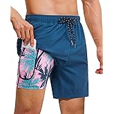 Gleeease 7inch Compression Swim Trunks: Mens Quick Dry Stretchy Comfort Soft Drawstring Zipper Pockets Beach Pool