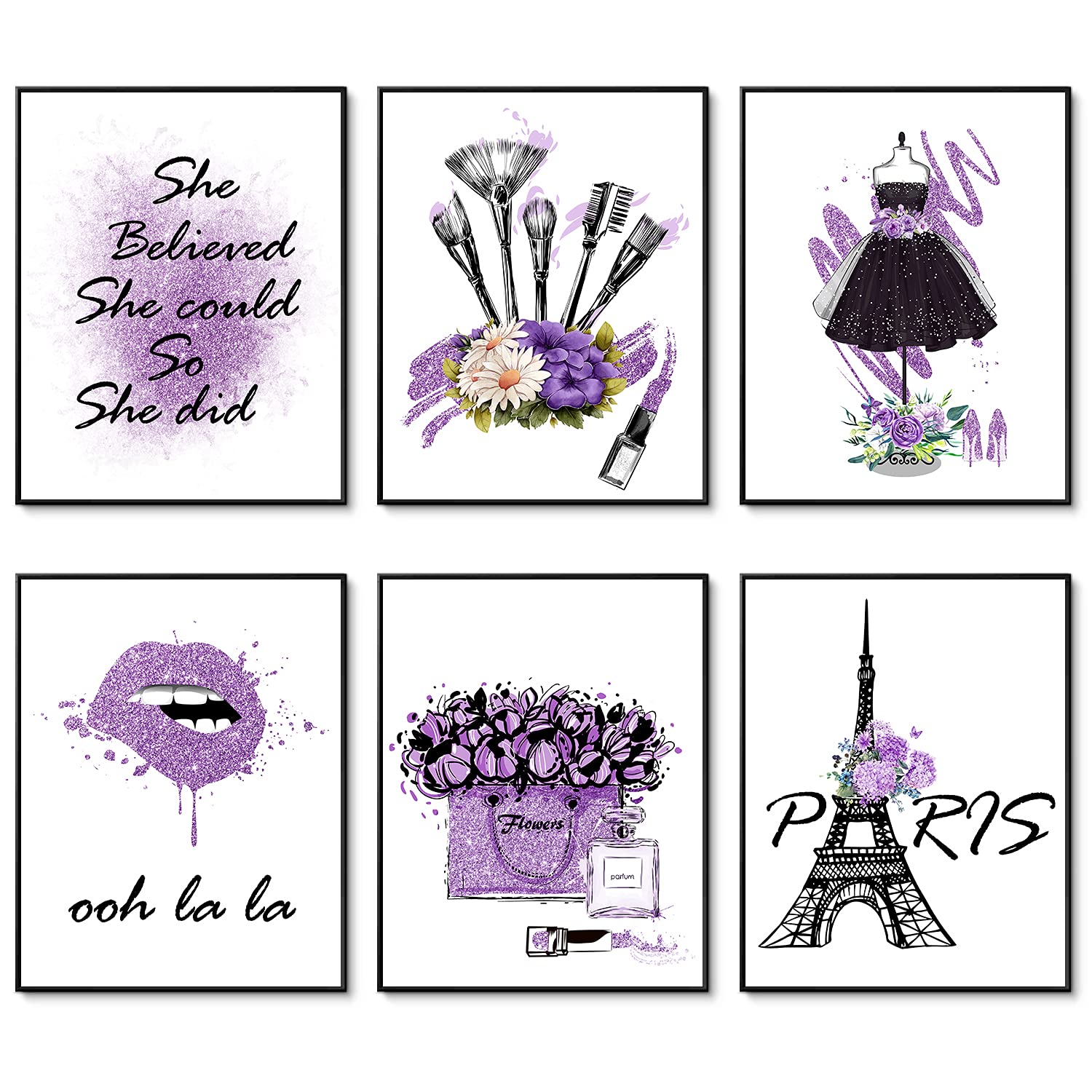 HOGEBIG Purple Makeup Posters Fashion Paris Prints Wall Art Makeup Room Artwork Set of 6 Perfume Flower Lipstick Canvas Art Posters Girl Room Decor for Bedroom (11"x14" UNFRAMED)