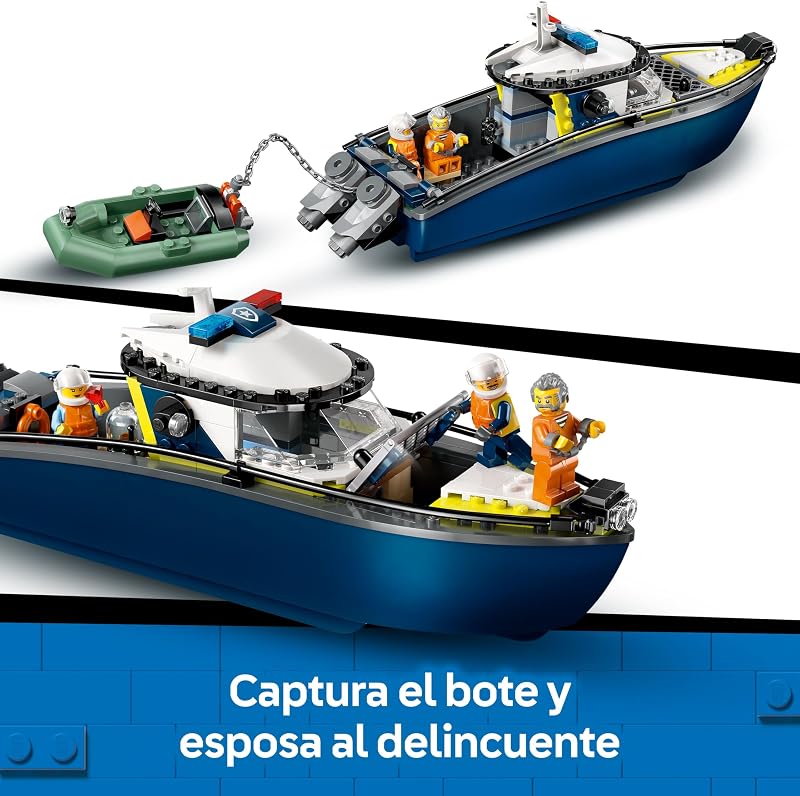 City Persecución en Barco de Policía - Juego Policial con 2 Barcos de Juguete, 3 Minifiguras y Figura de Tiburón - Regalo para Niños y Niñas de 6+ Años 60456