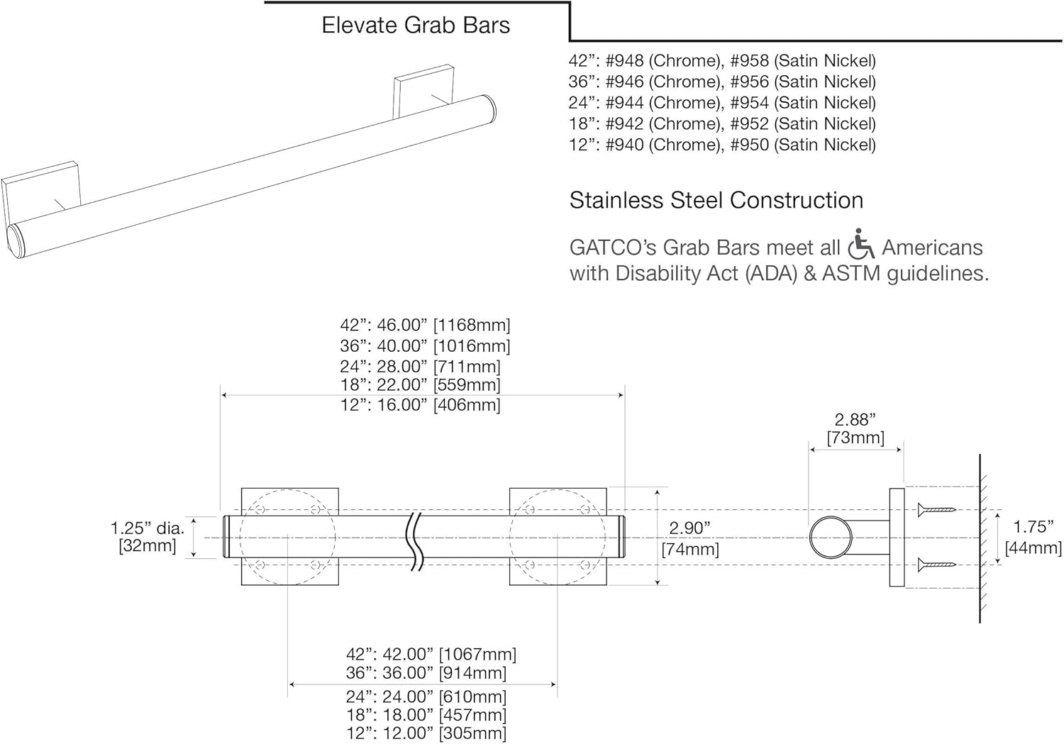Gatco 954 Elevate Grab Bar, 24-inch, Satin Nickel: Home Improvement