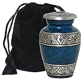 THE ASCENT MEMORIAL Blue Mini Keepsake Urns for Funeral Ashes Men Women - Beautifully Detailed Engraved Small Cremation Urns for Human Remains - Velvet Carry Bag - Paper Funnel - Gift Box
