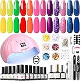 Modelones Gel Nail Polish Kit with U V Light, 12 Colors Neon Red Pink Rainbow Nail Gel Kit with 48W Nail Lamp Gel Base Top Co