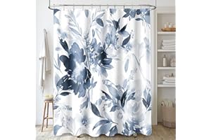 MAYZUS Navy Blue Floral Shower Curtain, Spring Summer Watercolor Flower Shower Curtains for Bathroom, Modern Ink Decorative Fabric Shower Curtain Set with Hooks 72x72 Blue White