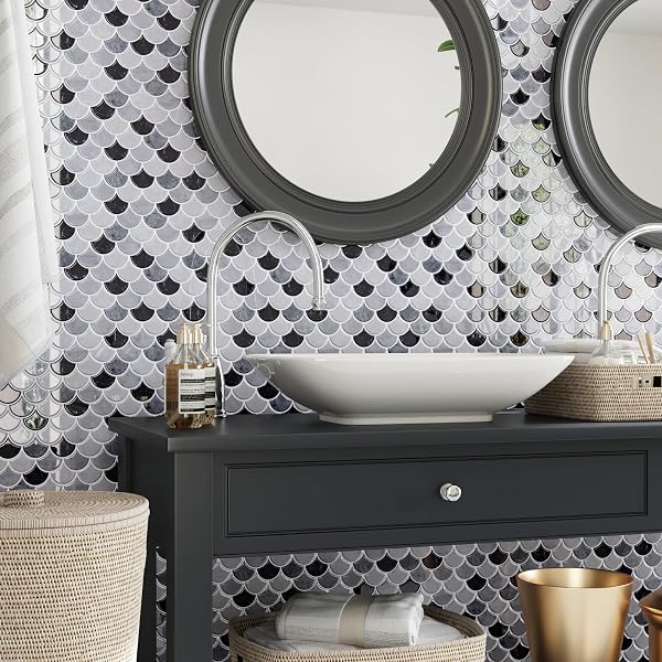 CRE8TIVE 16 SHEETS FISH SCALE PEEL AND STICK TILE BACKSPLASH BLACK GREY PEEL AND STICK BACKSPLASH FOR KITCHEN BATHROOM STICK ON BACKSPLASH FOR KITCHEN WATERPROOF SHELL WALL TILES FOR FIREPLACE 12″X12″