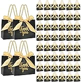 Nimbbex 50Pack Thank You Gift Bags with Handles, Party Favor Bags 5.5x2.3x4.7 Inches Small Black Gift Bags with Handles, Mini Paper Candy Bags with Gold Ribbon for Wedding Baby Shower Birthday