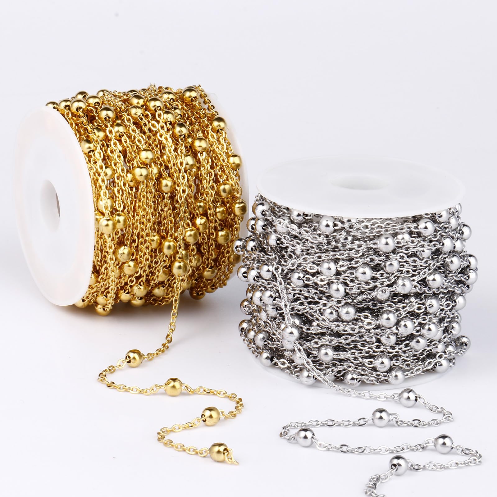 33 Feet Stainless Steel Satellite Bead Chains Roll, 2mm 304 Stainless Steel Ball Beaded Cable Link Chains Spool Bulk for Jewelry Making DIY Craft