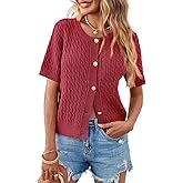 Saodimallsu Womens Summer Short Sleeve Cardigans Cable Knit Cropped Button Down Crewneck Lightweight Sweater Tops