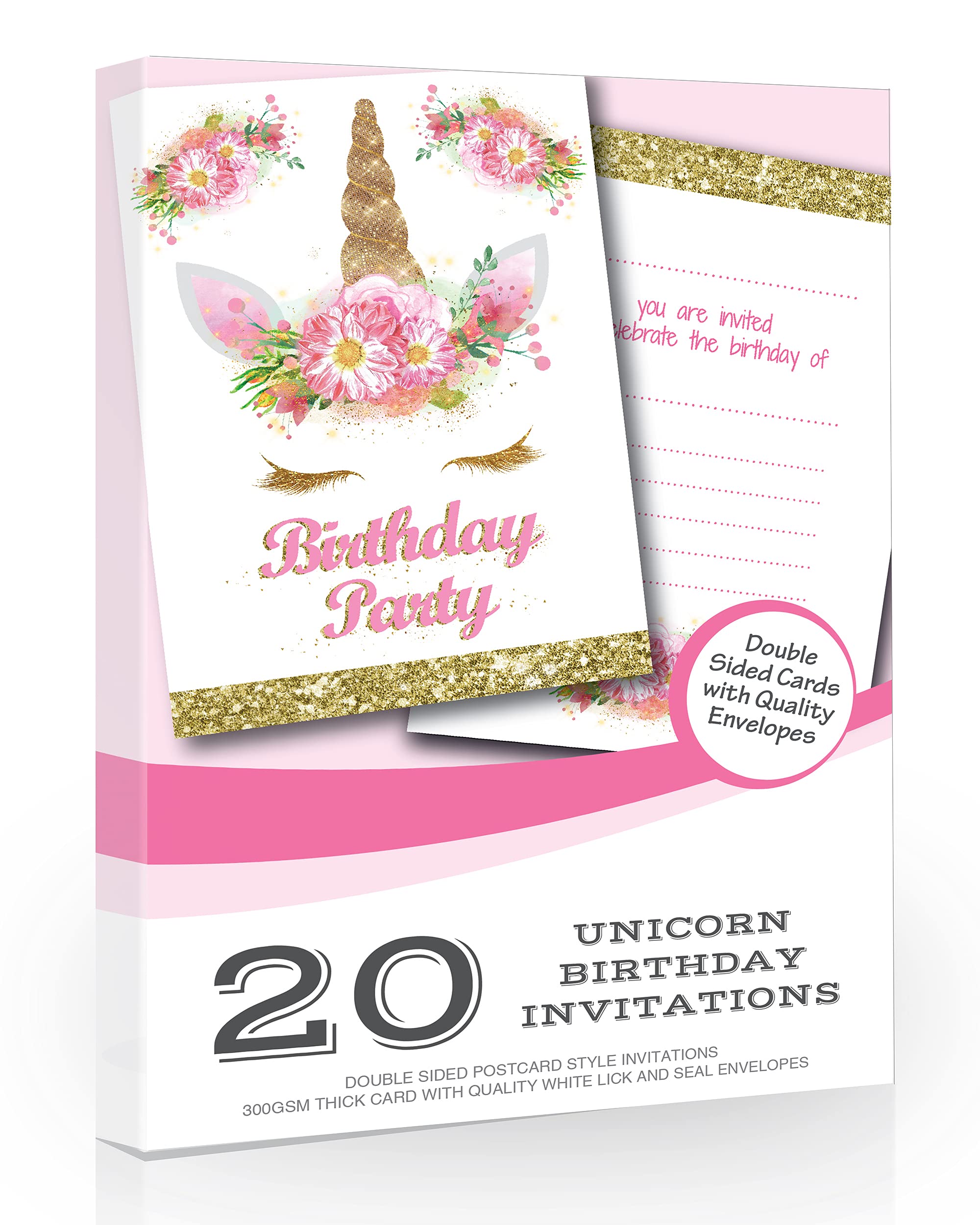 Olivia Samuel 20 x Unicorn Girls Party Invitations from Pink and Gold (Glitter effect print) with Envelopes Ready to Write