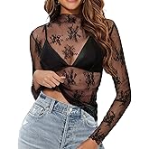 Buauty Mesh Long Sleeve Top for Women, Lace Sheer Tops See Through Mock Neck Floral Embroidery Sheer Blouce Fishnet Shirt