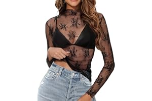 Buauty Mesh Long Sleeve Top for Women, Lace Sheer Tops See Through Mock Neck Floral Embroidery Sheer Blouce Fishnet Shirt