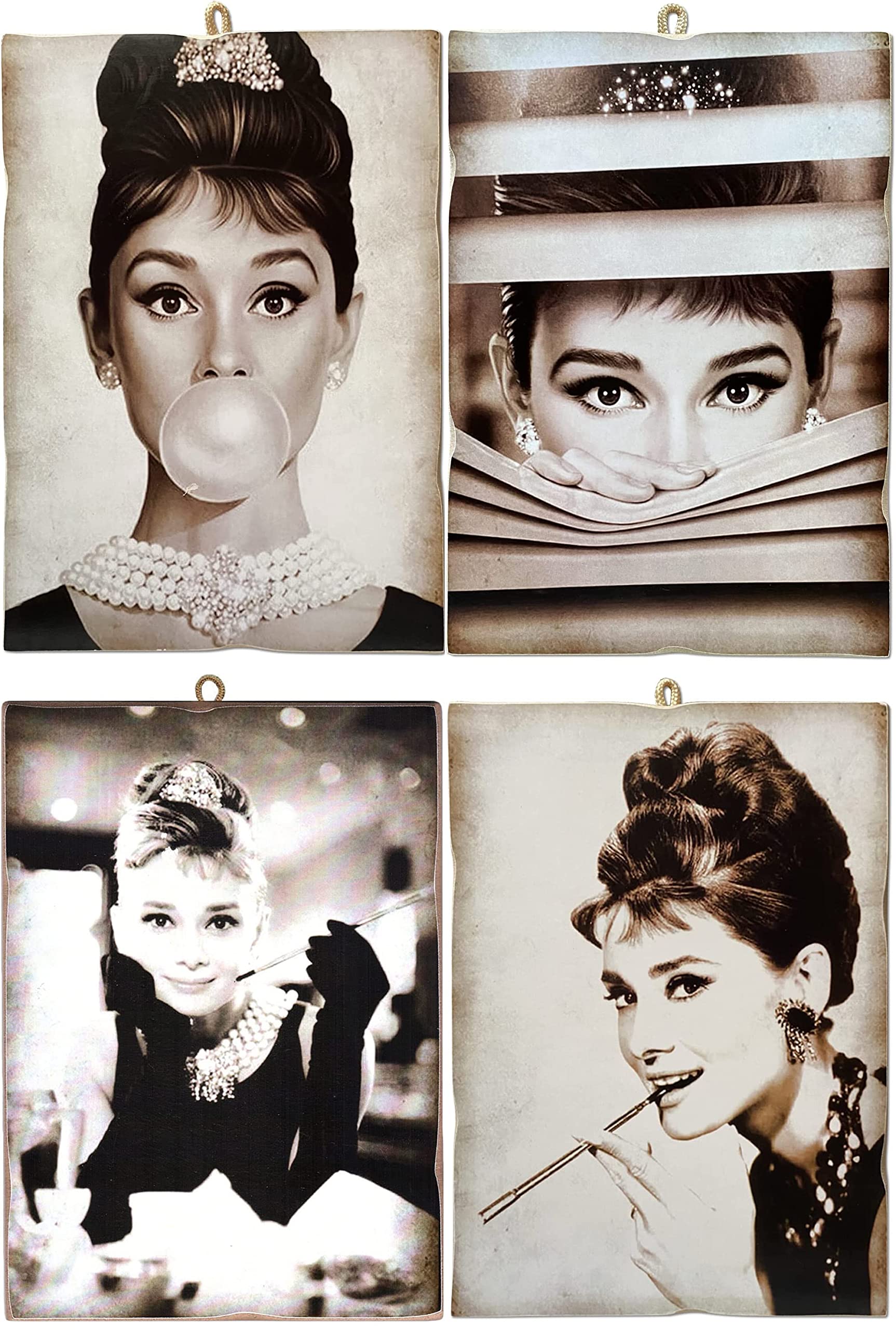 KUSTOM ART Set of 4 Checks Vintage Style Audrey Hepburn Print on Wood 10X15 cm