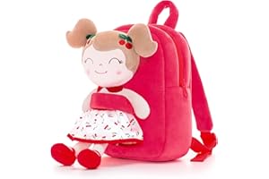 Gloveleya Toddler Backpack Plush Kids Bag with Soft doll Cherry Girl Red for Age 2+