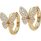 MEVECCO Gold Butterfly Huggie Hoop Earrings 18K Gold Plated Cubic Zirconia Butterfly Hoop Minimalist Handmade Earrings for Women