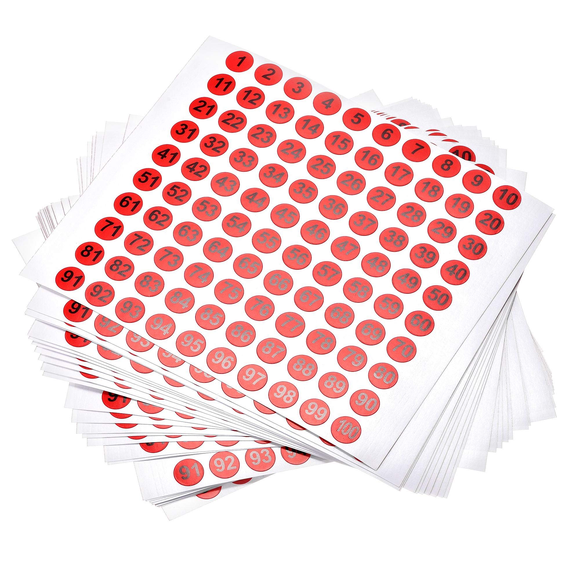 sourcing map Round Number Stickers, 10mm Dia Number 1-100 Coated Paper Label 30 Sheets, Black Word/Red Background