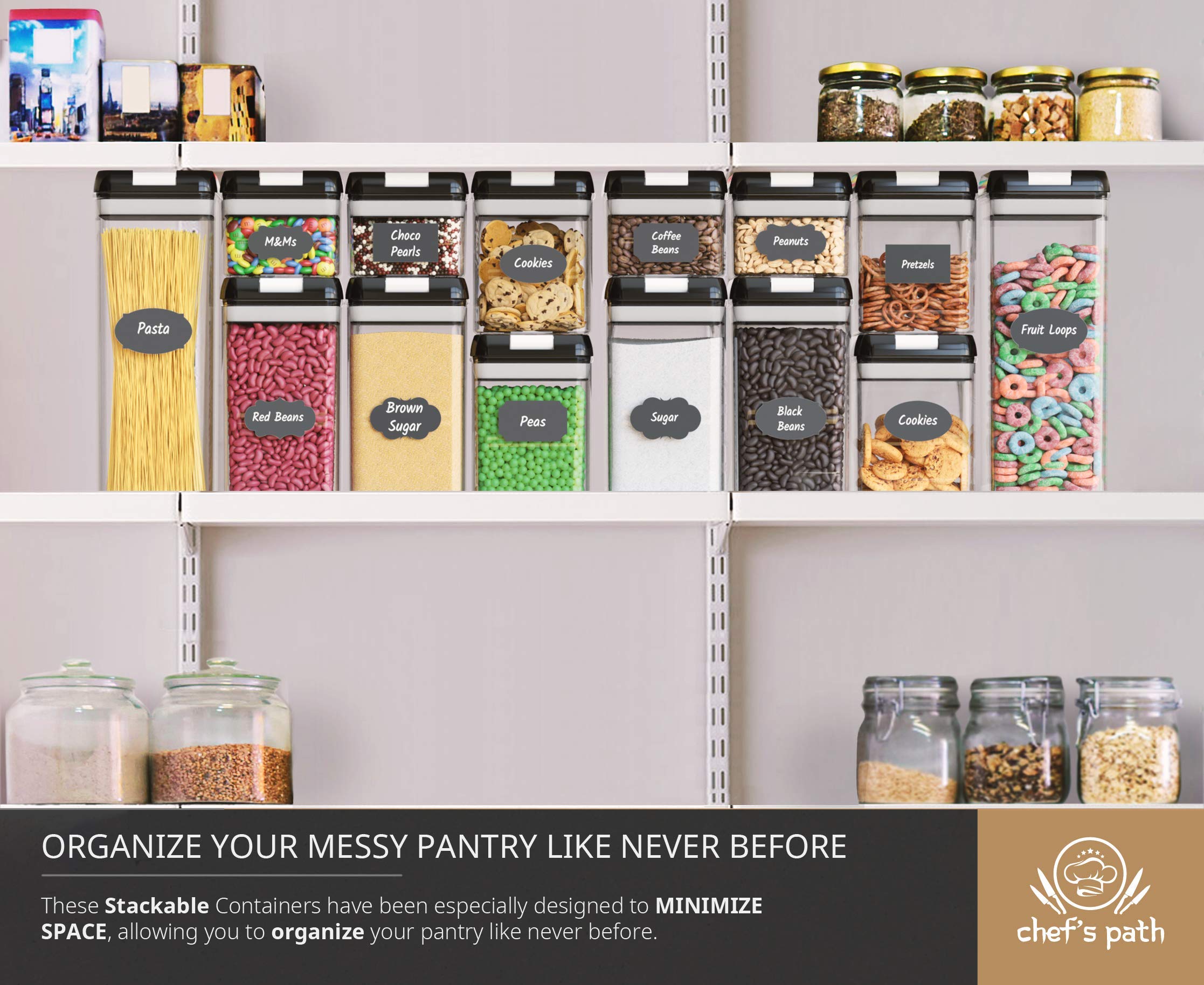 Chef's Path Airtight Food Storage Container Set - 7 Piece Set - Label Markers - Kitchen Pantry Organizer - BPA Free - Clear Plastic Canisters for Flour/Cereal with Improved Lid