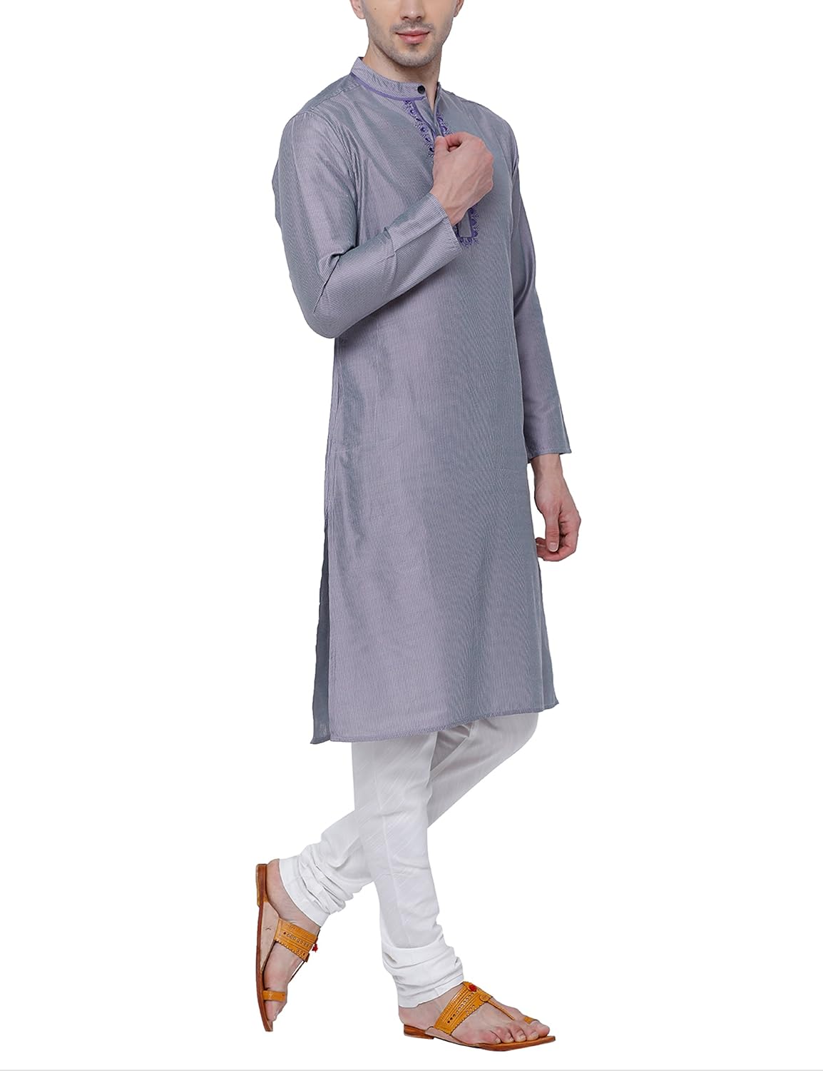 svanik grey blended stripe embroidered long kurta