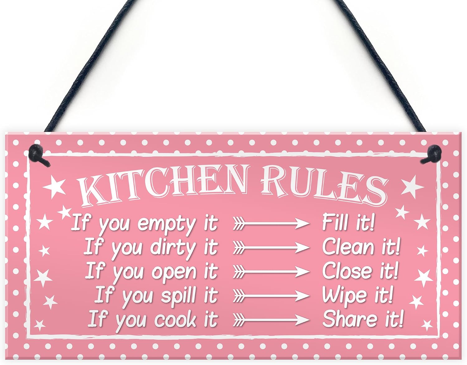 Red Ocean Funny Kitchen Rules Polka Dot Funny Home Decorative Hanging Plaque Friendship Gift Wall Sign, Pink, 200x100mm