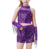 LOLANTA Girls Sequin Dance Outfit Crop Sequin Top Metallic Shorts with Tassel Arm Sleeves 5-13 Years Recital Costumes