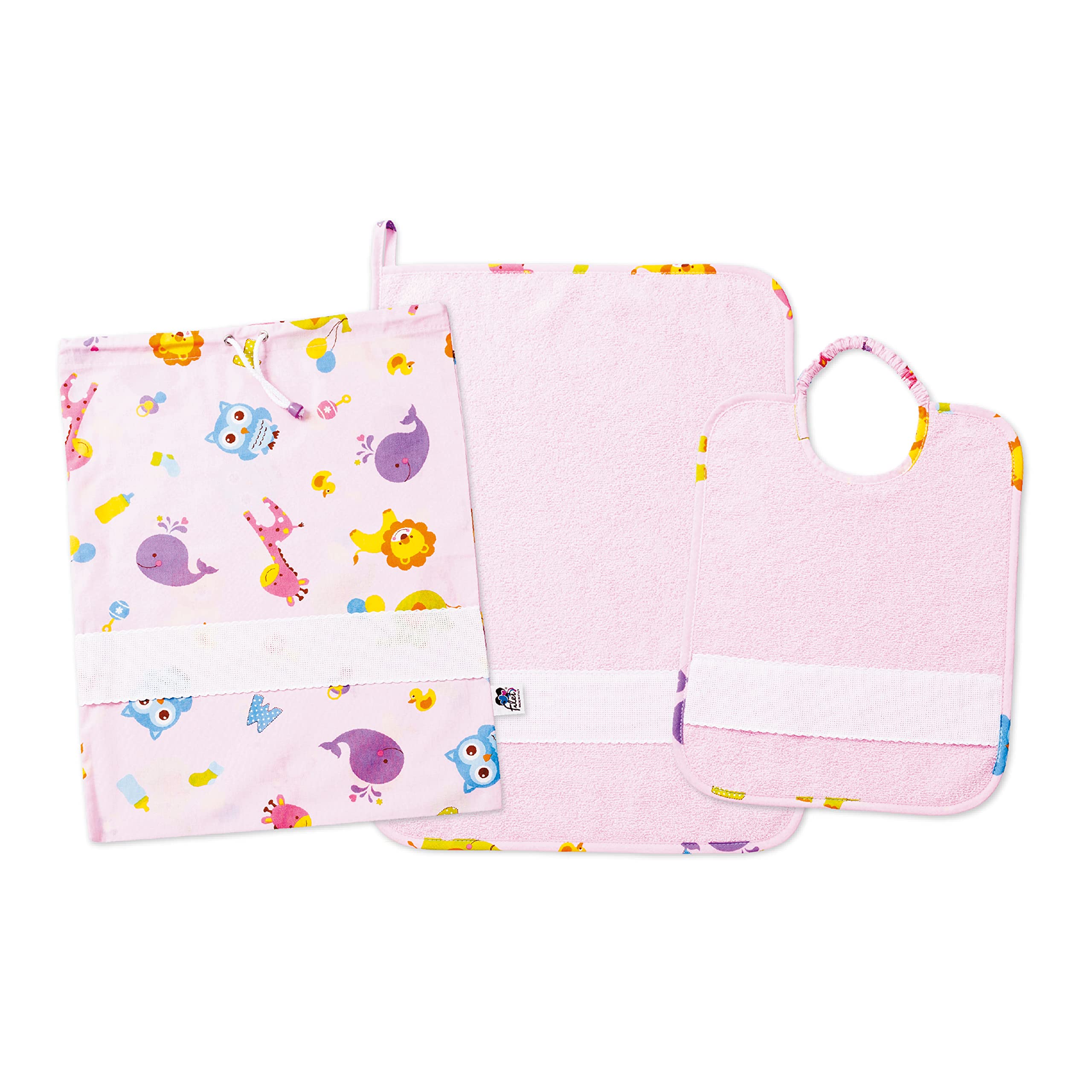 FILET - Nursery Set Three-Piece Aida Canvas Embroidery, Comprising Bag, Towel and Bib in Coloured Towelling, 100% Cotton, Made in Italy, Letters and Animals Pink Pattern