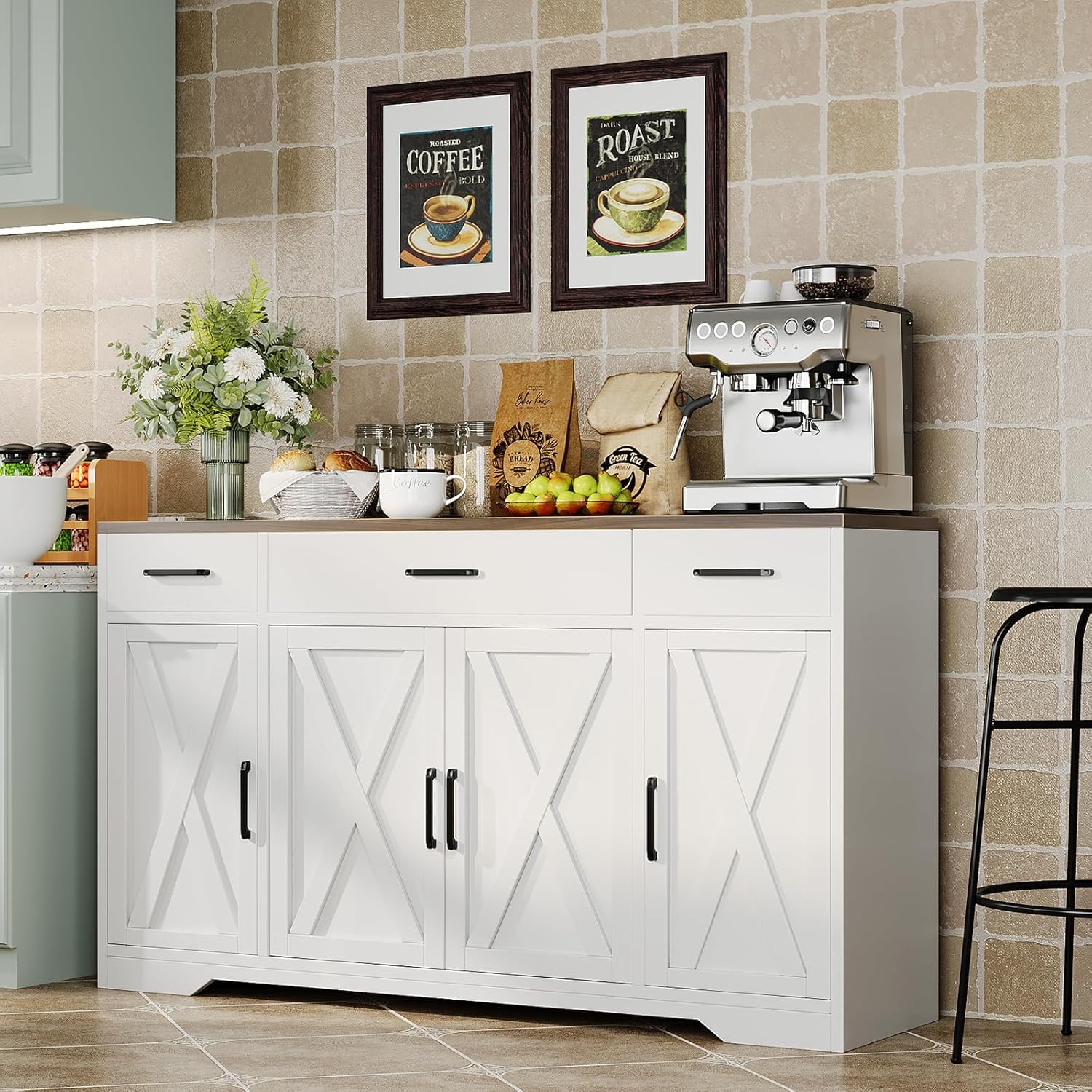 Photo 1 of ***Missing hardware*** Modern Buffet Sideboard Kitchen Storage Cabinet With 3 Drawers, 55" Large Farmhouse Buffet Cabinet With Shelves and Doors, Wood Coffee Bar for Living Room Dining Room Hallway (White Wood Color)