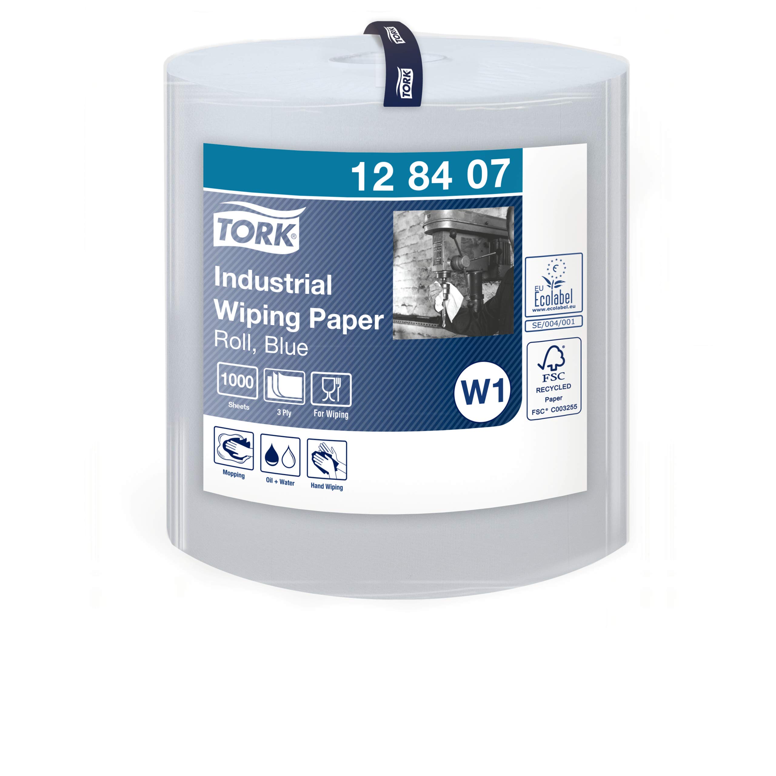 Tork 128407 Industrial Wiping Paper / 3 Ply Recycled Paper Roll Suitable for Tork W1 Wipers Wall/Floor/Standard System / Blue / 1 x 340m / Ø 35cm