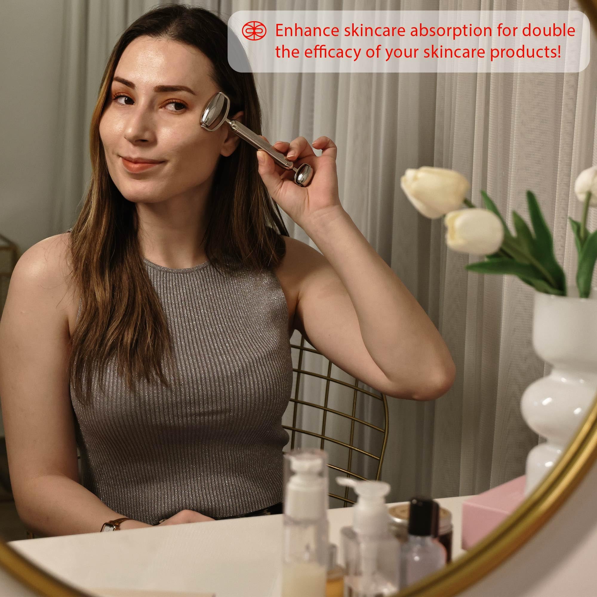 Rena Chris Gua Sha and Face Roller Set: Anti-Breakage Stainless Steel Roller for Long-Lasting Use, Jawline Sculpting and Puffiness Reducing, Gua Sha Facial Tools for Self Care Gift (Silver)