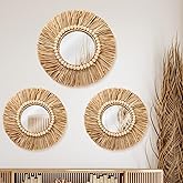 Gulfmew 3 Pcs Boho Raffia Mirror Wall Hanging Decor 15.8 Inch 11.8 Inch Rustic Round Boho Circle Mirrors with Wood Bead Farmhouse Aesthetic Nursery Mirrors for Bedroom Living Room Bathroom Wall Decor