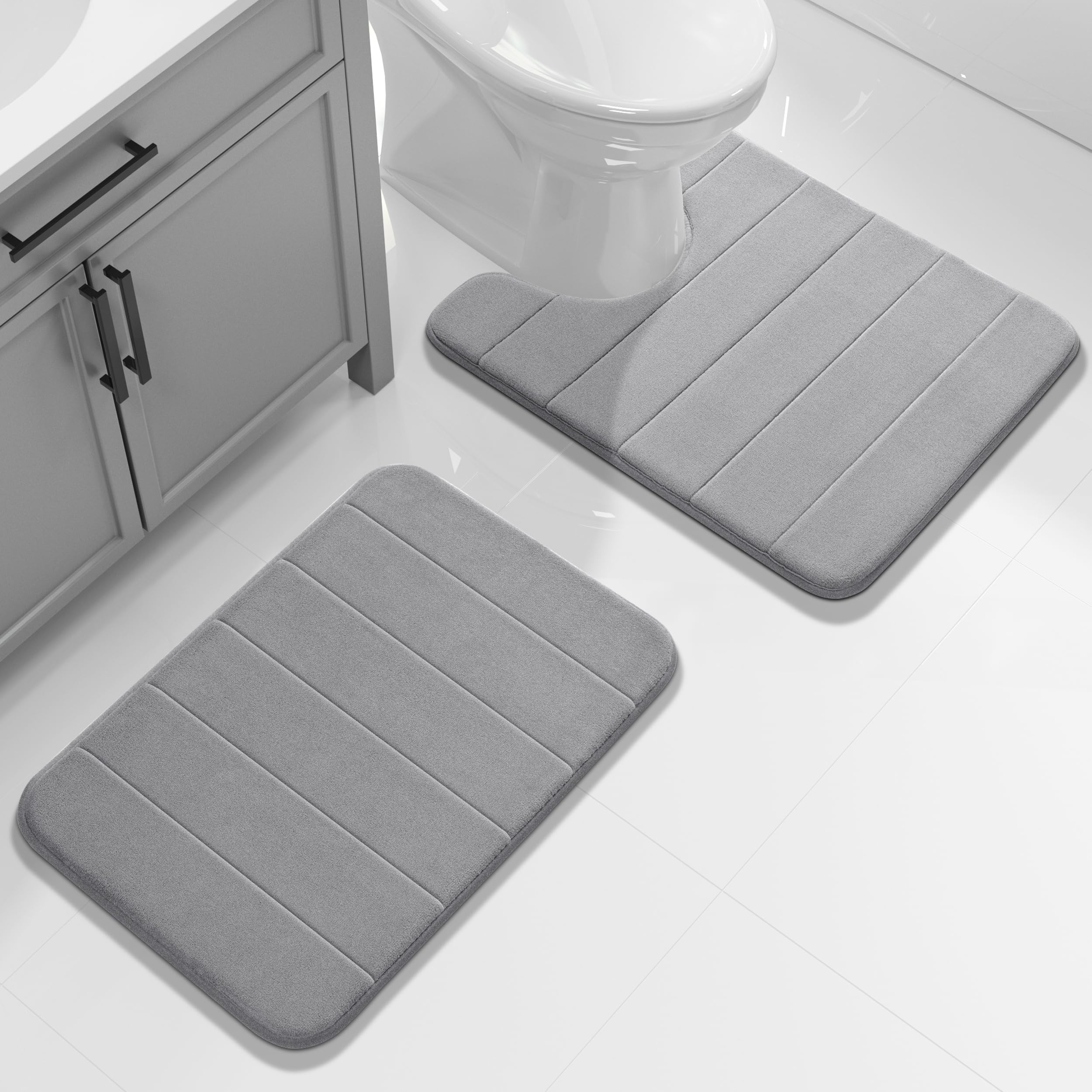 Photo 1 of Yimobra U-Shaped Toilet Bath Mat Set 2 Piece - Super Soft Absorbent Quick Dry Memory Foam Bathroom Rugs, Machine Washable Non Slip Floor Carpet for Tub Shower & Single Sink (17x24 & 24x20, Gray)