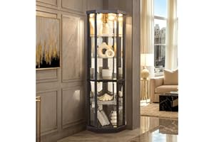 Eyisean 70" H Lighted Corner Curio Cabinet, Glass Display Cage with Tempered Glass Doors and 5 Adjustable Shelves, Wine Cabinet Storage Rack for Bar and Liquor Storage (Black)