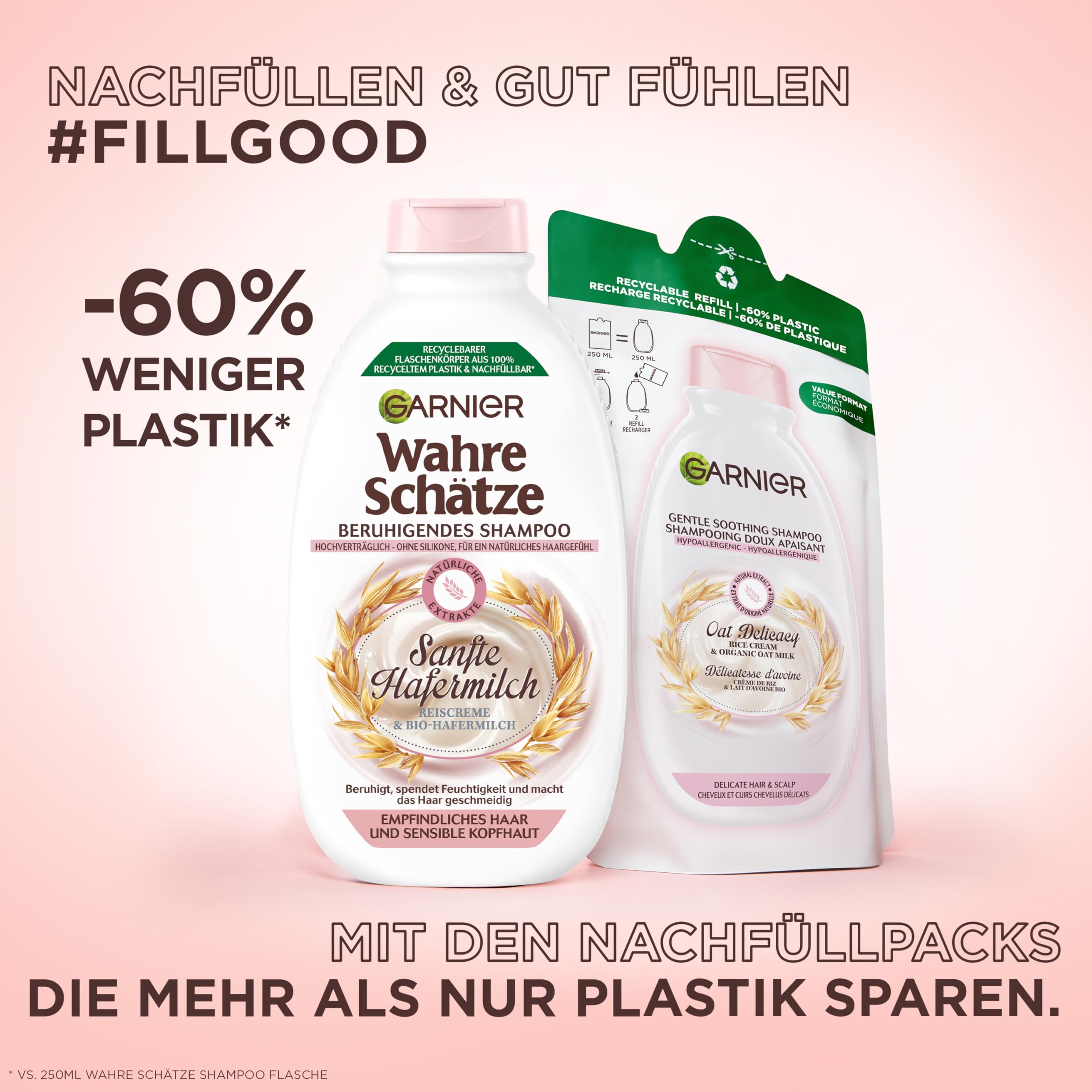 Garnier Wahre Schätze Sanfte Hafermilch Shampoo Refill Multipack, Nachfüllpack mit -60% weniger Plastik, recyclebar, für empfindliches Haar, sensible Kopfhaut, spendet Feuchtigkeit, 1x250ml 3
