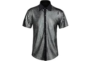 CARUHIF Men's 70s Disco Shirt Sequin Short Sleeve Button Shirt Shiny Party Prom Costume
