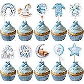 ZHUOWEISM 40 PCS Baby Boy Cupcake Toppers Baby Shower Decorations for Boys Rainbow Balloon Star Moon Bear It's a Boy Cupcake 