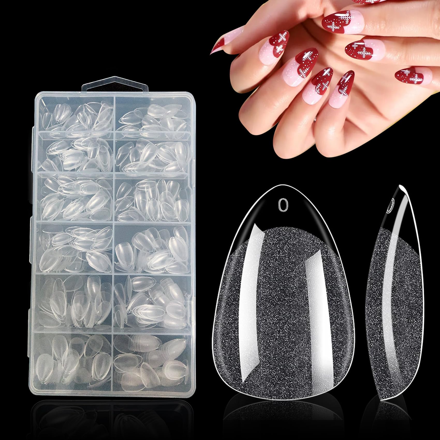 SanFangyue Extra Short Almond Nail Tips - 552Pcs Soft Nail Tips Almond Shaped Full Cover Nails Pre Etched for Extensions, Clear Strong False Press on Nails 12 Sizes