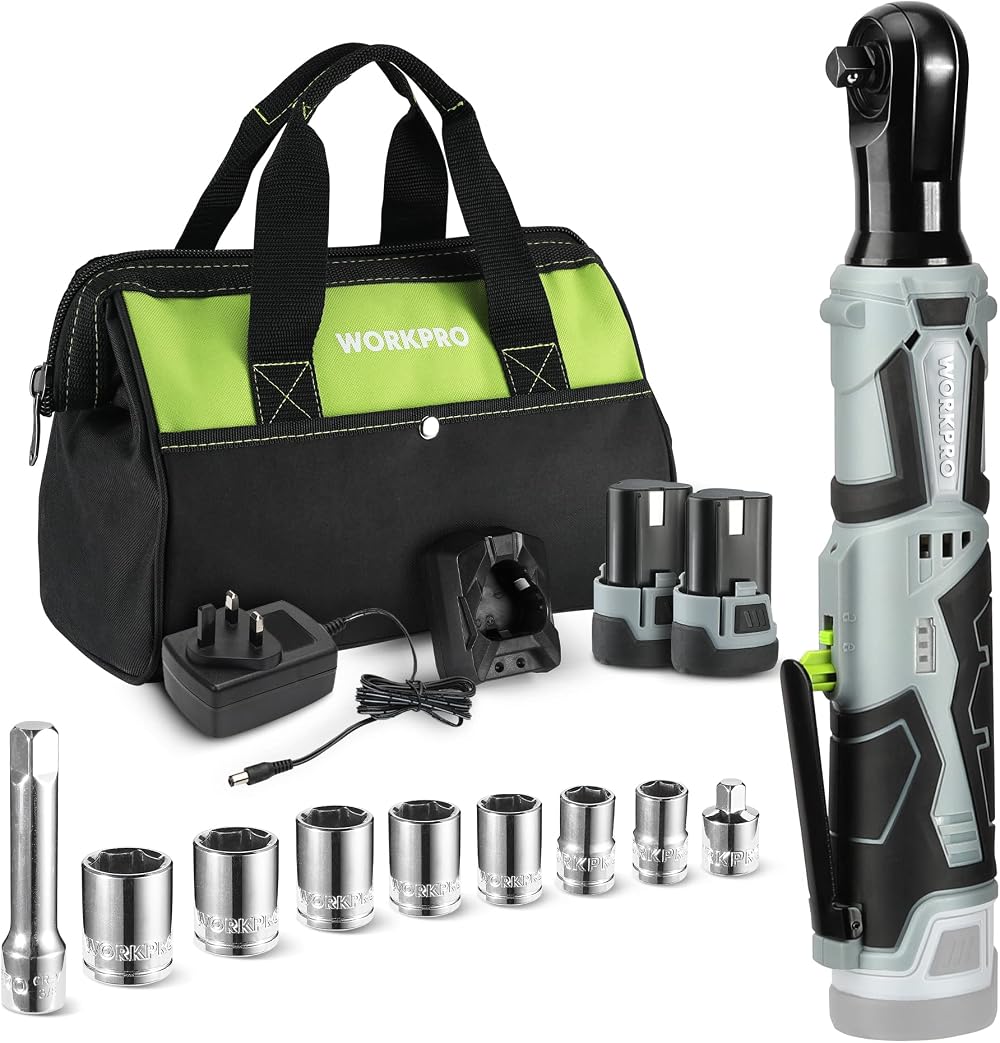 WORKPRO 12V Cordless Ratchet Wrench Set 3/8" with 7 Sockets, 2 Batteries