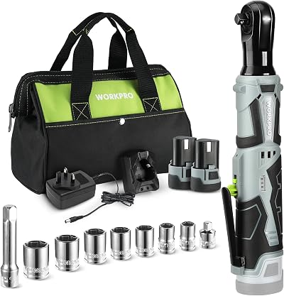 WORKPRO 12V Cordless Ratchet Wrench Set 3/8" with 7 Sockets, 2 Batteries