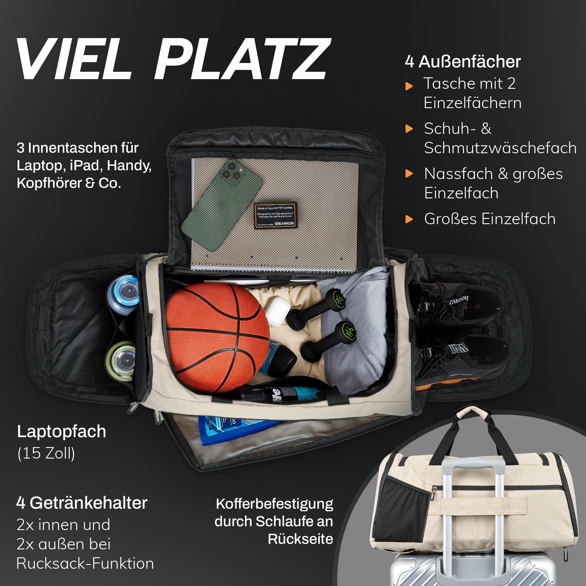 RECARRIER Sporttasche [RECYCELTES PET] 50L –Gym Bag und Rucksack in Einem –wasserdichte Trainingstasche Herren Damen –Sportrucksack wasserdicht mit Schuhfach Fitness, Reisetasche groß (Savanna beige) 4