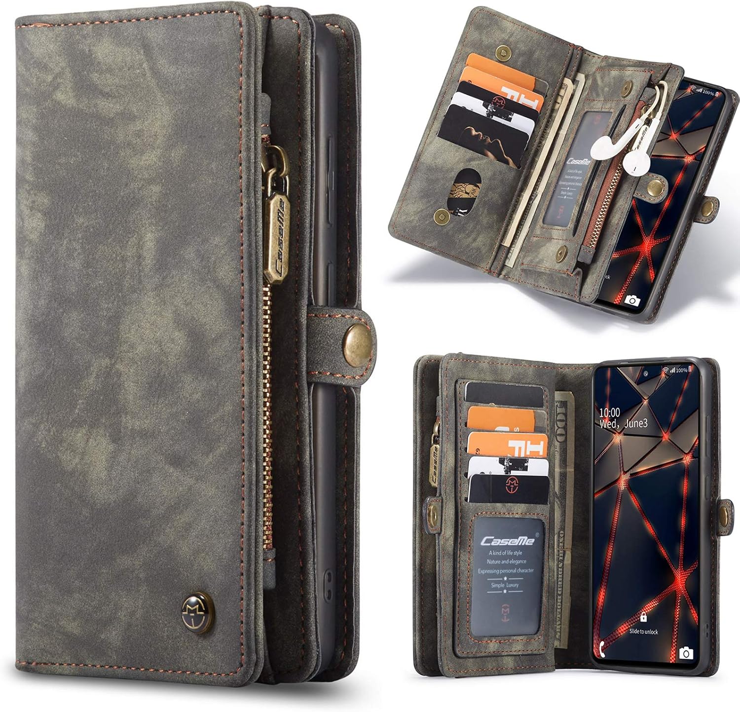 ANROD Detachable Leather Wallet Case for Samsung Galaxy S20 FE 5G,CaseMe Magnetic Closure 2-in-1 Flip TPU Shockproof Zipper Purse Back Cover with Card Slots (Black)