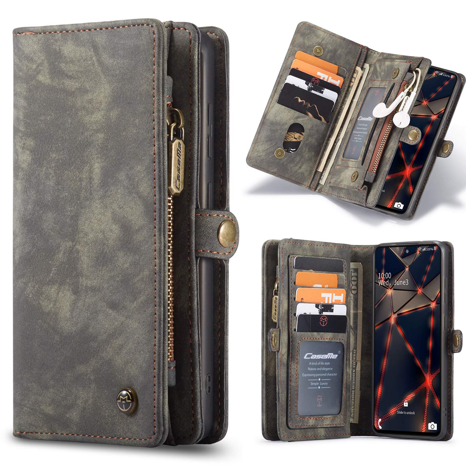 ANROD Detachable Leather Wallet Case for Samsung Galaxy S20 FE 5G,CaseMe Magnetic Closure 2-in-1 Flip TPU Shockproof Zipper Purse Back Cover with Card Slots (Black)