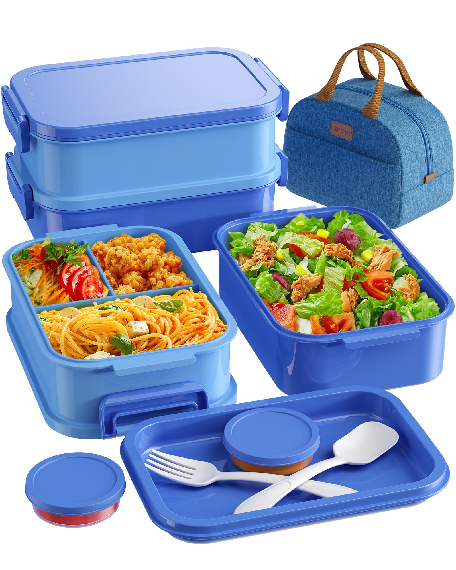 Photo 1 of KEMETHY Adults Bento Lunch Box Set with Thermo Bag, 74oz Stackable Leak-proof 3-tiers Bento Box, Built-in Utensil and Sauce Container for Work, School, Dining Out (Blue)