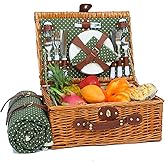 HYBDAMAI Picnic Basket for 4 Persons with Waterproof Picnic Blanket and Insulated Cooler, Large Wicker Picnic Basket for Camping, Outdoors, Valentine's Day, Christmas, Birthday, Wedding Gift