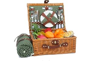 HYBDAMAI Picnic Basket for 4 Persons with Waterproof Picnic Blanket and Insulated Cooler, Large Wicker Picnic Basket for Camping, Outdoors, Valentine's Day, Christmas, Birthday, Wedding Gift