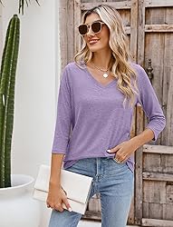 Sherosa Womens V Neck 3/4 Sleeve T Shirts Loose Fit