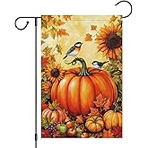 Heyfibro Fall Pumpkin Garden Flag 12x18 Double Sided Burlap, Autumn Sunflower Birds Yard Flags for Thanksgiving Rustic Seasonal Outside Outdoor Decoration (ONLY FLAG)
