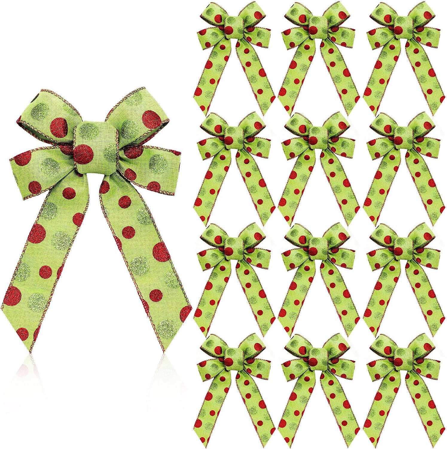 Bows & Ribbons - Craftsatin 24 Pcs Christmas Bows Decoration Red Green Wreath Bow 6.3'' x7.9'' Polka Dot Large Premade Bows Xmas Tree Topper for Outdoor Indoor Garland Gift Wedding Party(Green and Red)
